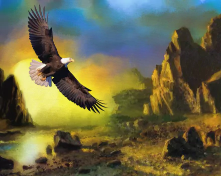 HD desktop wallpaper painting of a bald eagle soaring over a rocky landscape at sunset, vivid colors and a dramatic sky.