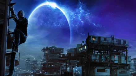 HD desktop wallpaper of Tye Sheridan from the movie Ready Player One, depicting a futuristic cityscape under a glowing blue planet in the night sky.