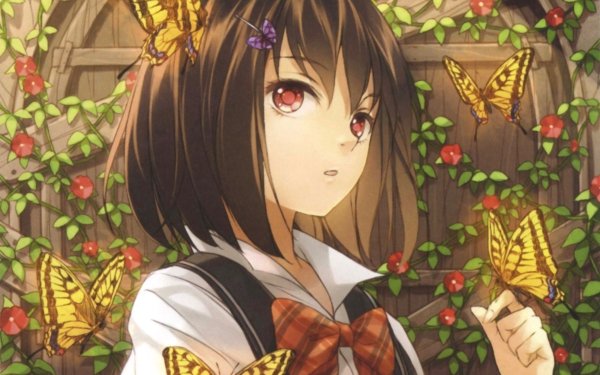 Anime Original Short Hair Brown Hair Red Eyes Butterfly Flower bow HD Wallpaper | Background Image