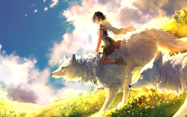 HD desktop wallpaper from Anime Princess Mononoke, featuring a character with short hair riding a large white wolf, set against a bright, scenic background with vibrant clouds and sunlight.