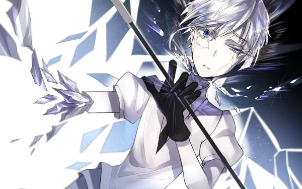 Antarcticite from Land of the Lustrous in anime style: silvery hair, crystalline shards and spear amid icy light — 4K Ultra HD PC desktop wallpaper/background.