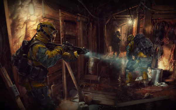 HD PC desktop wallpaper depicting an intense indoor scene from Outbreak in Tom Clancy's Rainbow Six: Siege, featuring armed operatives navigating a dimly lit corridor.