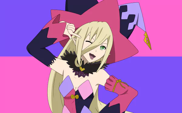 Magilou from Tales of Berseria poses playfully against a vibrant pink and purple background in this 4K Ultra HD PC desktop wallpaper.