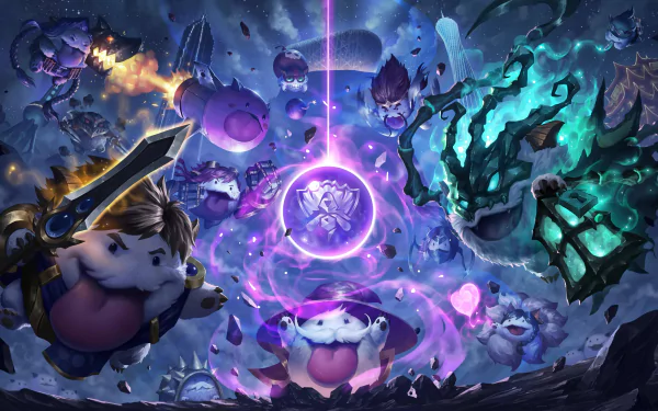 HD wallpaper featuring League of Legends characters Vi, Zed, Ahri, Ziggs, Draven, Jinx, Rammus, Garen, Thresh, and cute poros in a vibrant, action-packed scene.