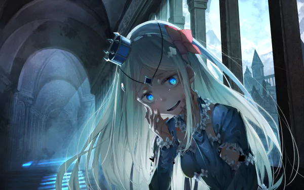 HD desktop wallpaper featuring Renner Theiere Chardelon Ryle Vaiself from the anime Overlord, set in an eerie, dimly lit corridor with intricate architectural details in the background.