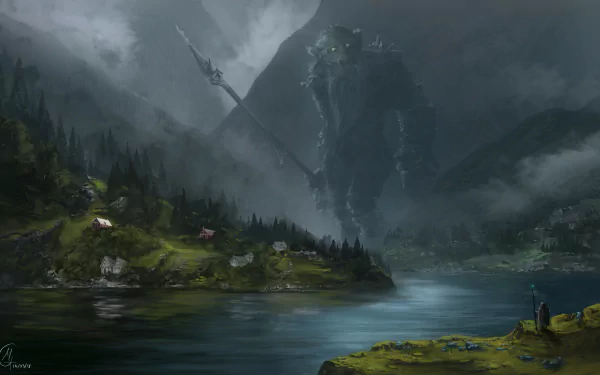 A stunning HD fantasy wallpaper featuring a giant with a spear towering over a serene landscape with a wizard watching from a distance. Misty, mountainous backdrop enhances the epic feel.