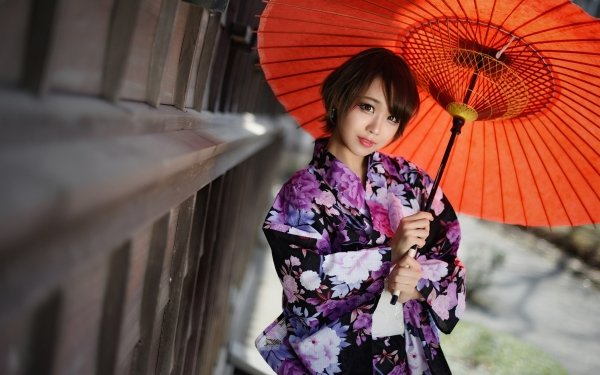 Women Asian Model Umbrella Brunette Short Hair Brown Eyes Kimono HD Wallpaper | Background Image