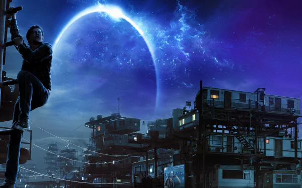 HD desktop wallpaper of Tye Sheridan from the movie Ready Player One, depicting a futuristic cityscape under a glowing blue planet in the night sky.
