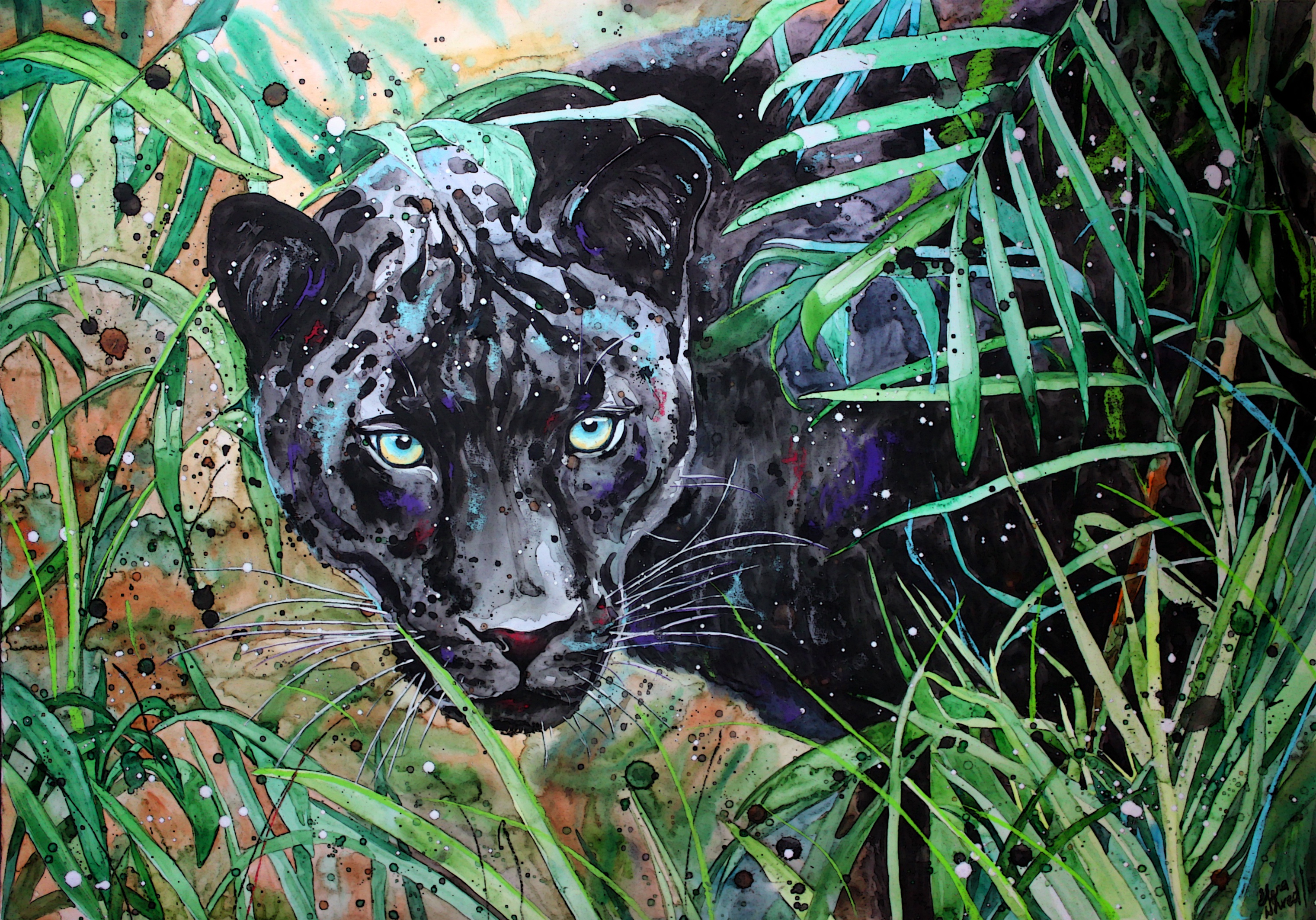 Artistic Black Panther Peering Through Grass Painting by ElenaShved