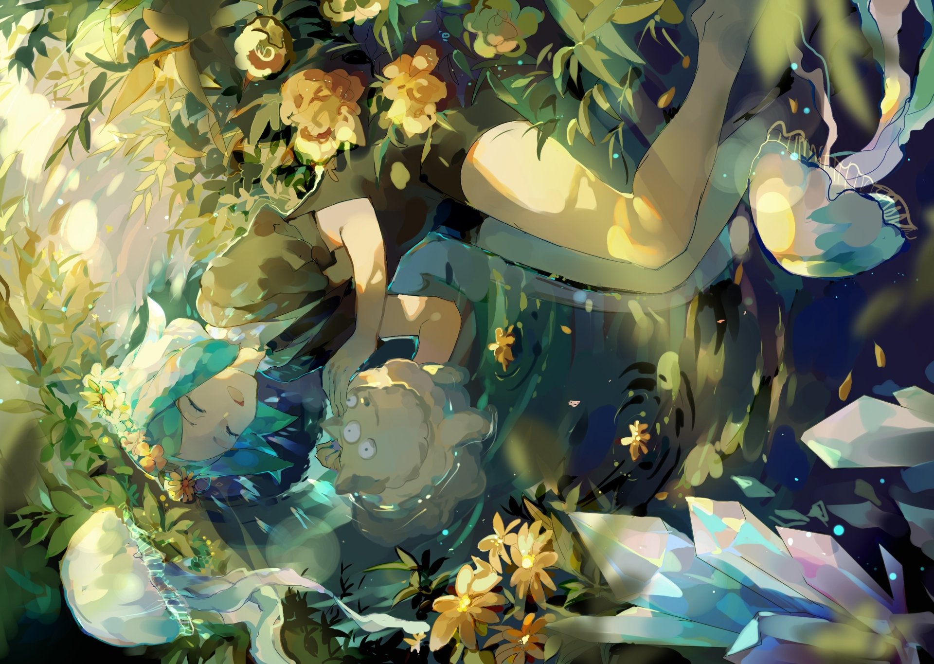 HD desktop wallpaper featuring Phosphophyllite from the anime Land of the Lustrous. The artwork showcases vibrant colors and a serene scene filled with lush greenery and flowers.