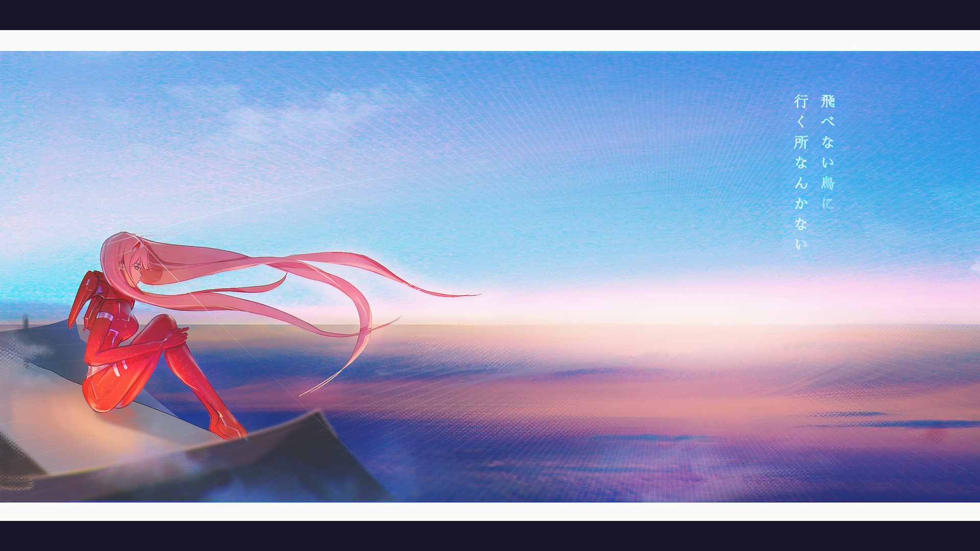HD wallpaper of Zero Two from the anime Darling in the FranXX. The image showcases Zero Two with a serene background, featuring a beautiful blend of sky and landscape. Text is present in the upper right corner.