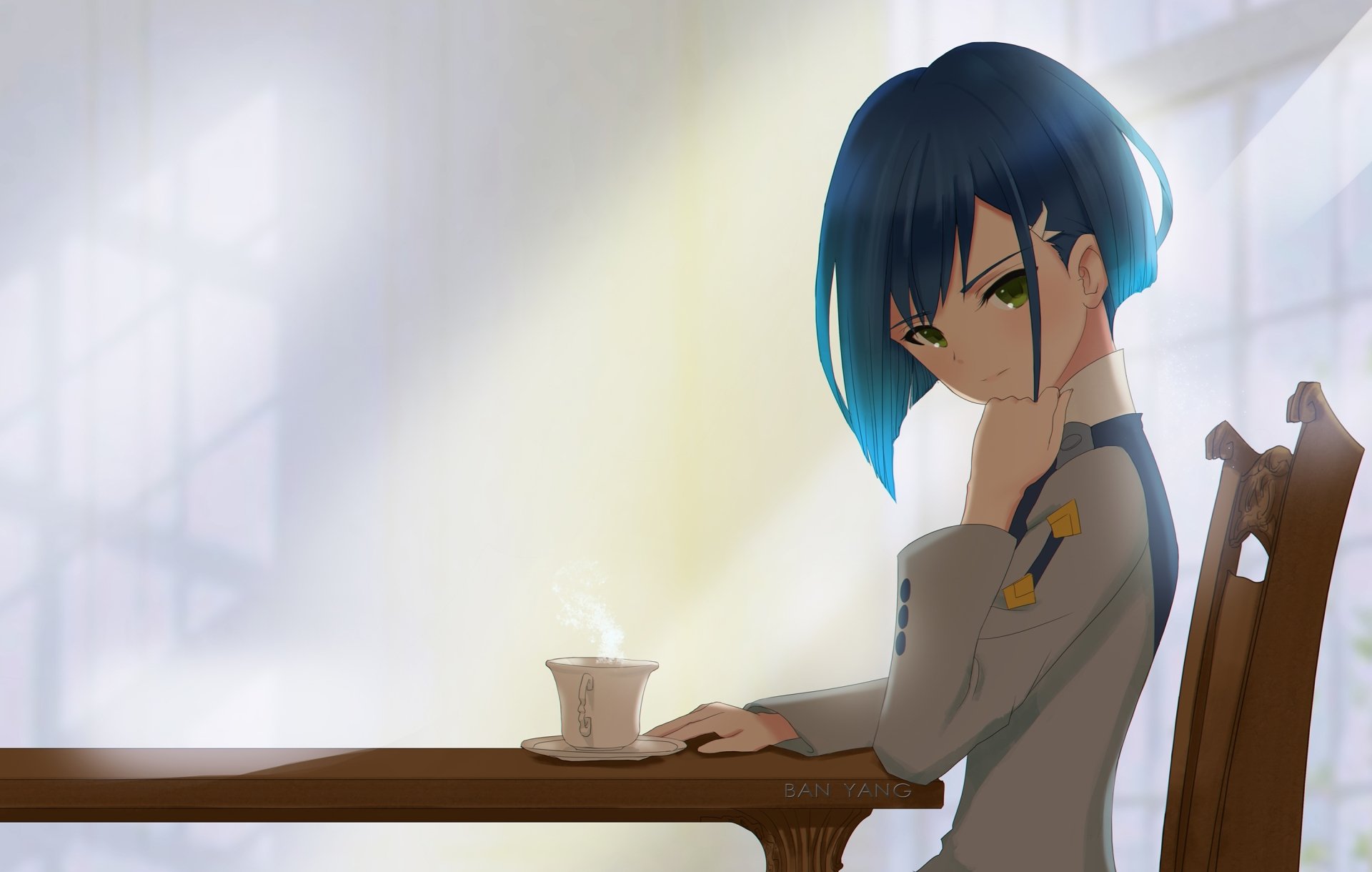 HD desktop wallpaper featuring Ichigo from the anime Darling in the FranXX, sitting at a table with a cup of steaming tea, bathed in soft sunlight.