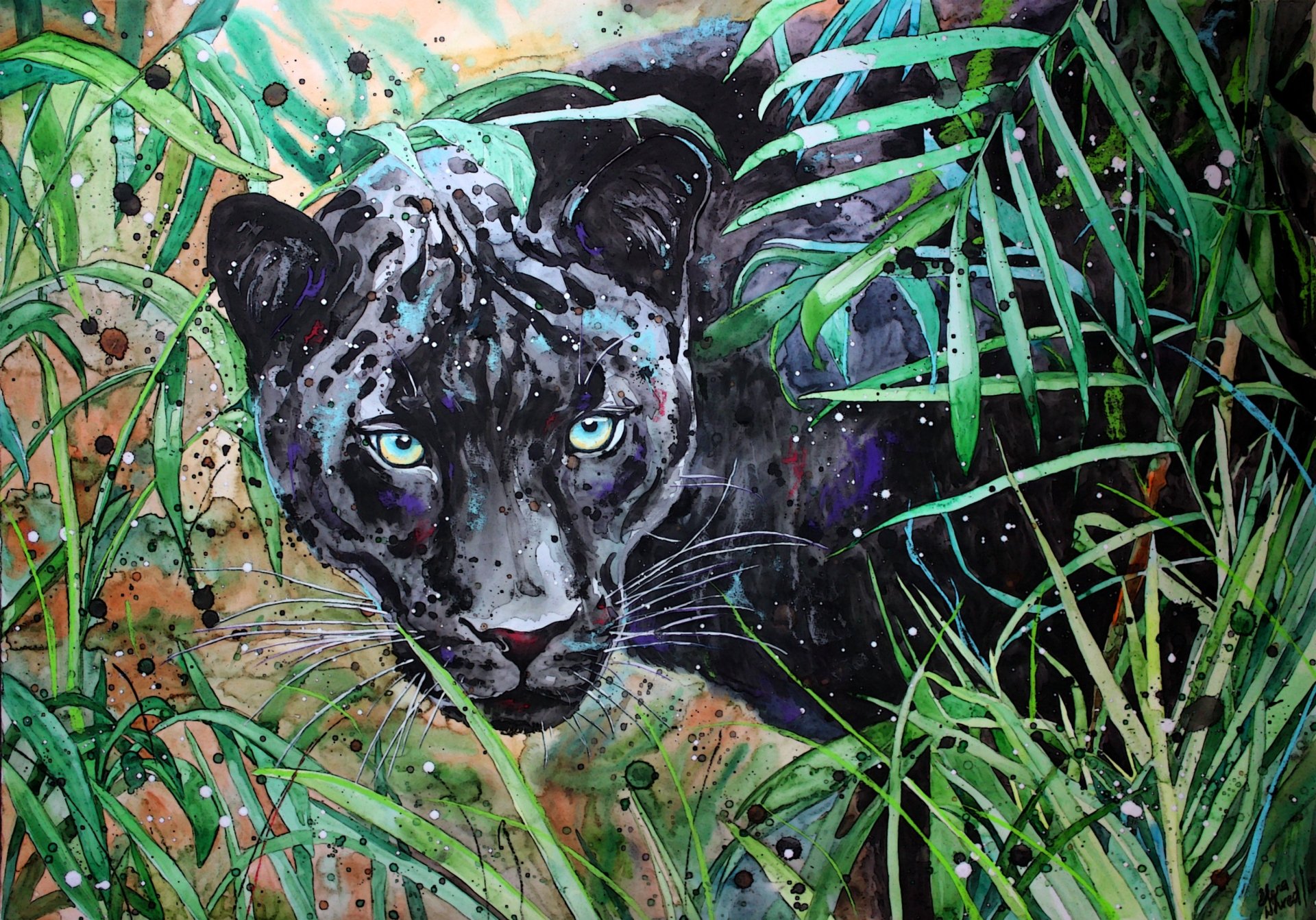 HD PC desktop wallpaper featuring a watercolor painting of a black panther blending into lush green foliage, capturing the essence of nature with artistic detail.