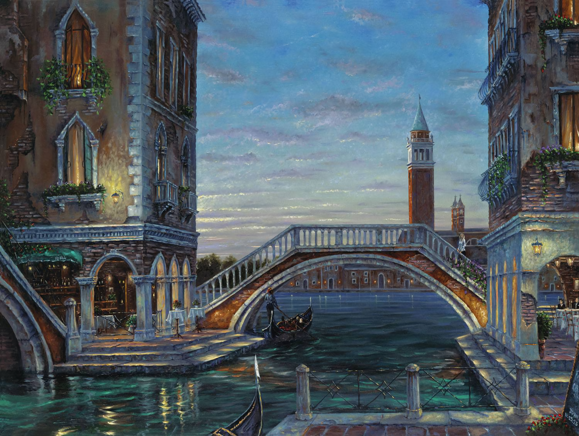 HD artistic painting of a serene Venice canal with a boat, historic buildings, and a bridge under a twilight sky, designed as a PC desktop wallpaper background.