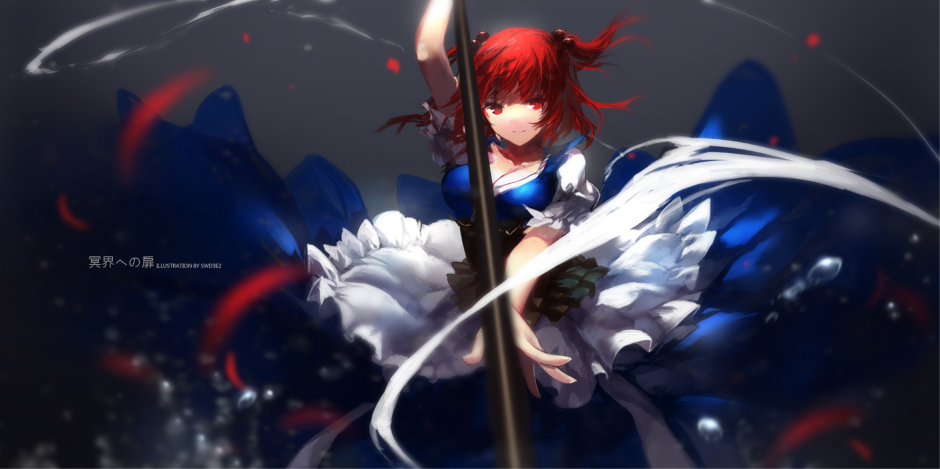 HD anime desktop wallpaper featuring Komachi Onozuka from Touhou, depicted with dynamic motion and vivid red and blue tones.