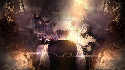 HD anime desktop wallpaper featuring intense characters from Death Parade bathed in dramatic light and shadow, capturing the series' dark and mysterious atmosphere.