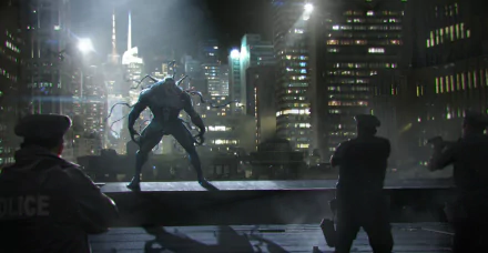 HD desktop wallpaper featuring Venom, the iconic comic book character, standing menacingly on a rooftop at night, with a city skyline in the background and police officers in the foreground.