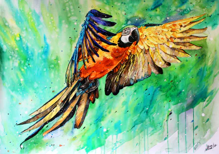 Vibrant watercolor painting of a colorful macaw bird in flight, featured as an HD PC desktop wallpaper with artistic splashes of green and blue background.