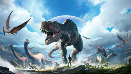 HD desktop wallpaper of ARK: Survival Evolved featuring a person facing a roaring Tyrannosaurus rex and flying pterosaurs with a sci-fi landscape backdrop.