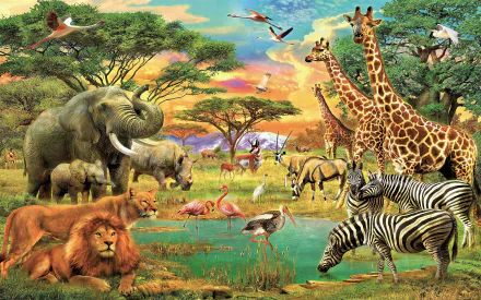 HD artistic Africa wildlife scene featuring an elephant, lions, giraffes, zebras, flamingos, antelope, and birds gathered around a pond with trees under a colorful sky.