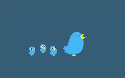HD desktop wallpaper featuring four blue birds reminiscent of Twitter's logo, walking in a line on a solid blue background.
