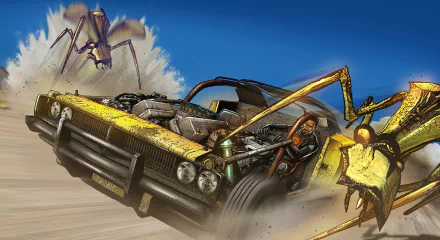 HD PC desktop wallpaper of Gordon Freeman from Half-Life 2: him driving a battered yellow car pursued by spider-like Strider legs across a dusty plain.