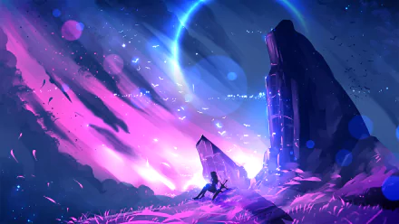 Fantasy anime HD desktop wallpaper featuring an original artwork with ethereal landscapes, vibrant purple and blue hues, and a lone figure holding a sword against a glowing celestial background.