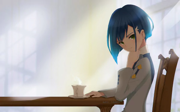 HD desktop wallpaper featuring Ichigo from the anime Darling in the FranXX, sitting at a table with a cup of steaming tea, bathed in soft sunlight.