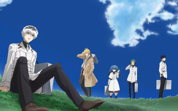 HD desktop wallpaper featuring Saiko Yonebayashi, Kuki Urie, Ginshi Shirazu, Haise Sasaki, and Tooru Mutsuki from Tokyo Ghoul:re against a clear blue sky background.