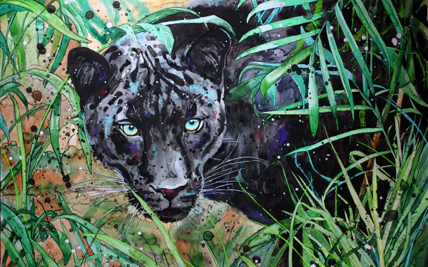 HD PC desktop wallpaper featuring a watercolor painting of a black panther blending into lush green foliage, capturing the essence of nature with artistic detail.