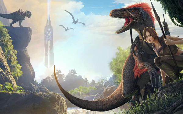 HD wallpaper for ARK: Survival Evolved featuring a woman with a spear alongside dinosaurs in an adventurous setting.
