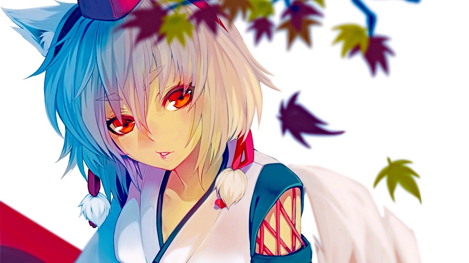 HD PC desktop wallpaper featuring Momiji Inubashiri from the Touhou anime series, framed by autumn leaves with vibrant colors and detailed character art.