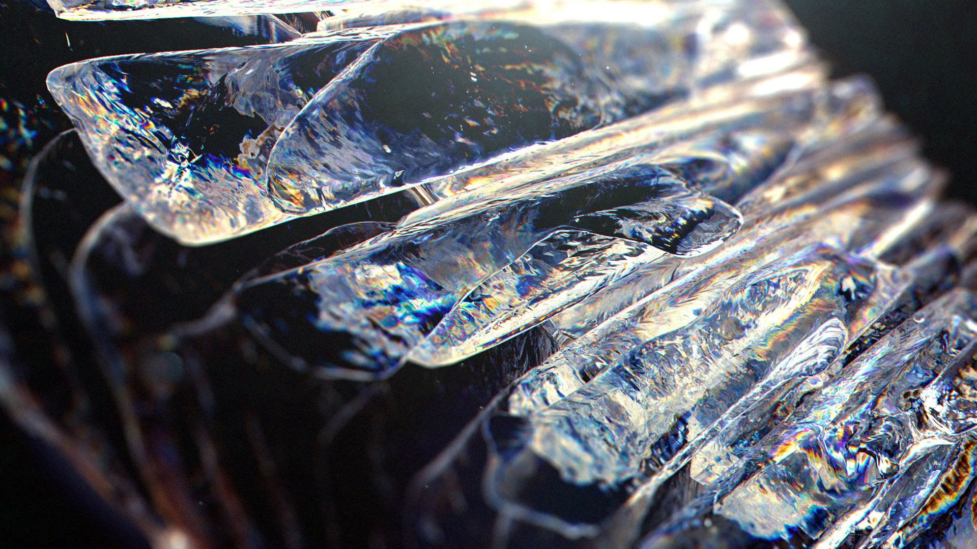 HD PC desktop wallpaper: close-up nature shot of layered crystalline ice, refracting blue and rainbow light as an abstract icy background.