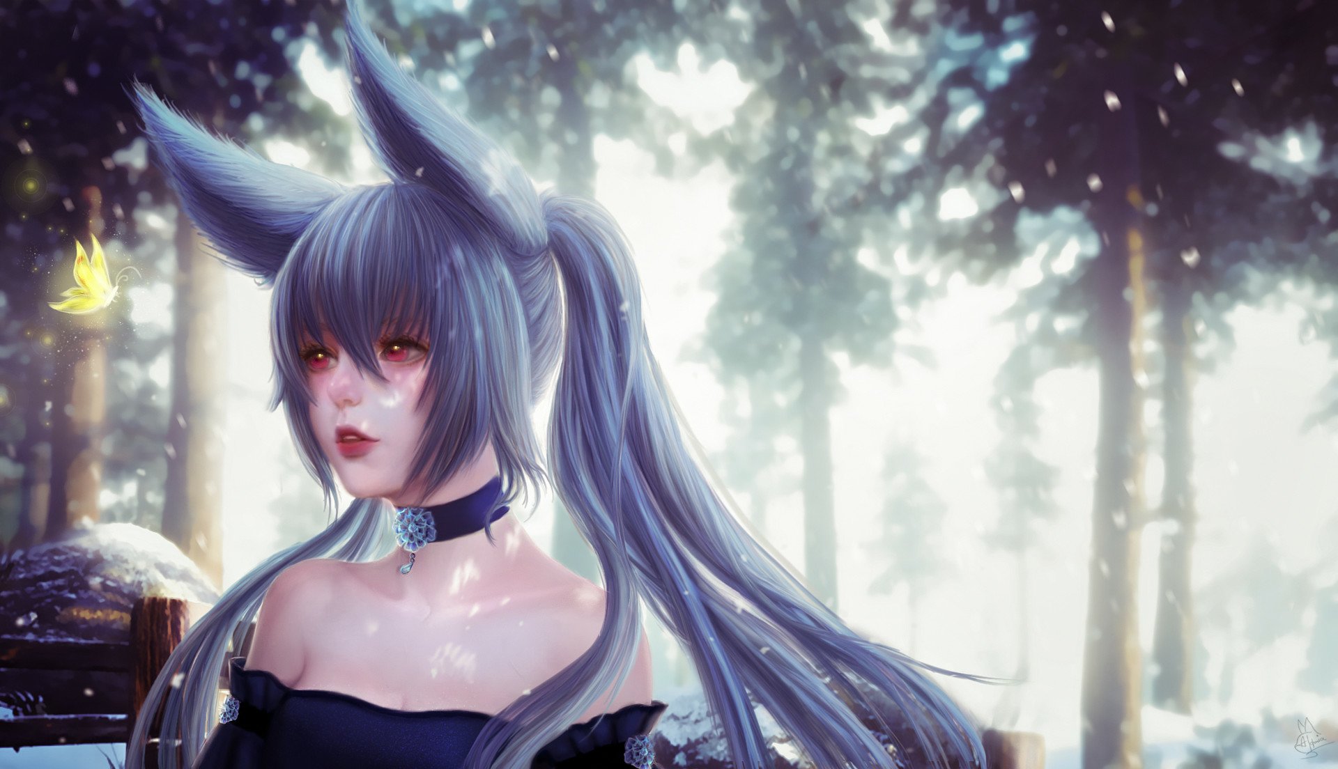 Anime original HD PC desktop wallpaper/background: silver‑haired fox‑eared girl with red eyes and twin tails in a sunlit snowy forest, wearing a choker and off‑shoulder dress as a butterfly glows nearby.