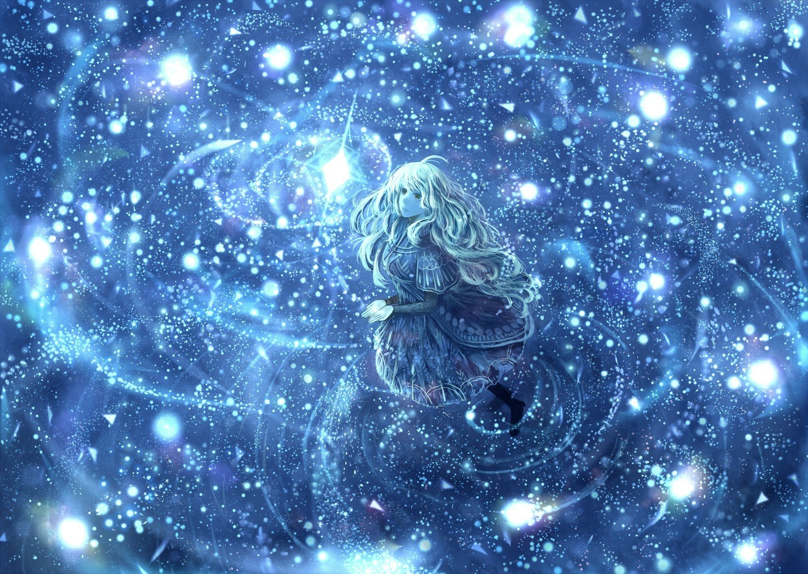 Fantasy anime-style artwork featuring a girl with silver hair surrounded by swirling stars and cosmic light, designed as an HD PC desktop wallpaper and background.