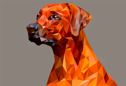 Abstract low poly polygonal dog portrait in warm orange tones, featuring faceted geometric shapes against a neutral background, designed as an HD PC desktop wallpaper.