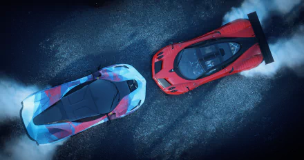 4K Ultra HD wallpaper from The Crew video game featuring top-down view of a Ferrari LaFerrari and a Pagani Huayra drifting side by side on a textured road.