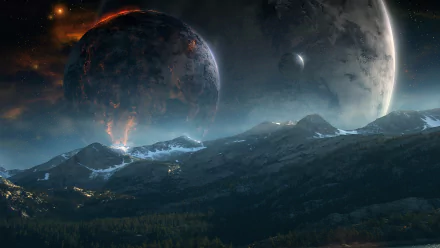 HD PC desktop wallpaper: sci‑fi planetscape landscape with jagged mountains in the foreground beneath two looming planets, one glowing with molten fissures, a surreal otherworldly background.