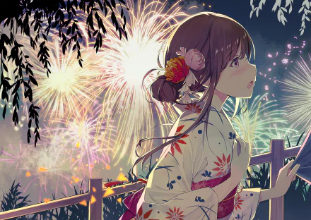 Anime-style HD PC desktop wallpaper featuring a girl in a floral yukata watching vibrant fireworks under hanging tree branches.