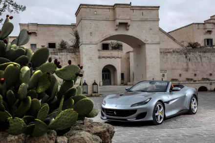 A silver Ferrari Portofino convertible parked in front of an historic stone building with cactus plants nearby, captured in stunning 4K Ultra HD detail.