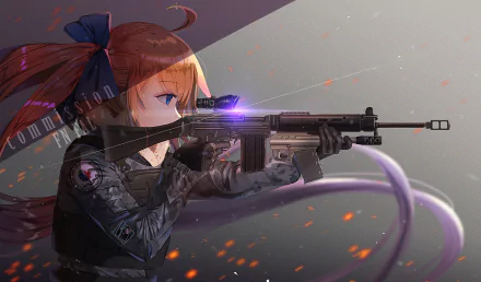 HD desktop wallpaper featuring FN FAL from the video game Girls Frontline, portraying a girl aiming a rifle with a determined expression and a dark background with glowing embers.