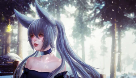 Anime original HD PC desktop wallpaper/background: silver‑haired fox‑eared girl with red eyes and twin tails in a sunlit snowy forest, wearing a choker and off‑shoulder dress as a butterfly glows nearby.