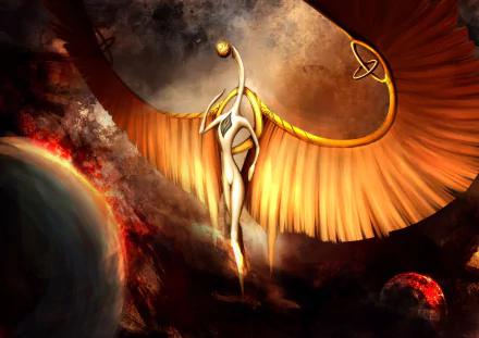 A Sci-Fi creature with glowing golden wings soars near fiery planets in deep space, creating a striking HD PC desktop wallpaper and background.