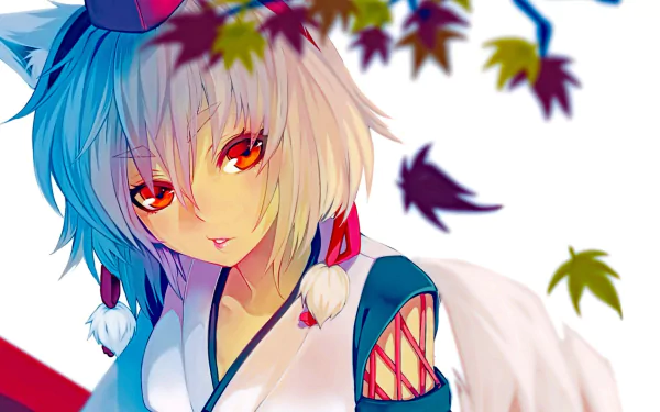 HD PC desktop wallpaper featuring Momiji Inubashiri from the Touhou anime series, framed by autumn leaves with vibrant colors and detailed character art.