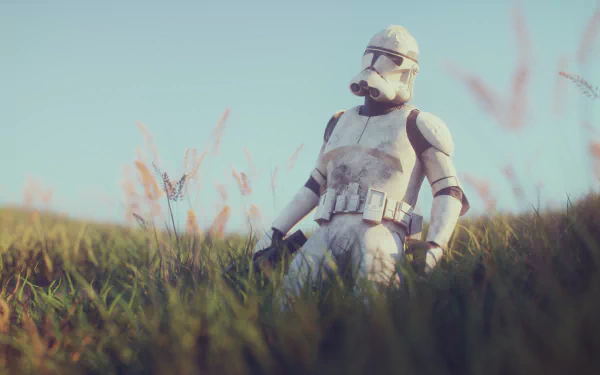 A HD desktop wallpaper featuring a clone trooper figurine from Star Wars, standing in a grassy field with clear blue sky in the background.