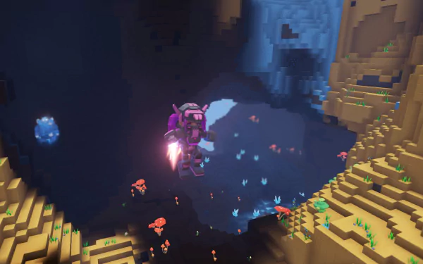 HD wallpaper of PixARK showing a character exploring an underwater cave with vibrant flora and fauna.