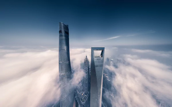 aerial skyscraper building horizon fog China man made Shanghai HD Desktop Wallpaper | Background Image