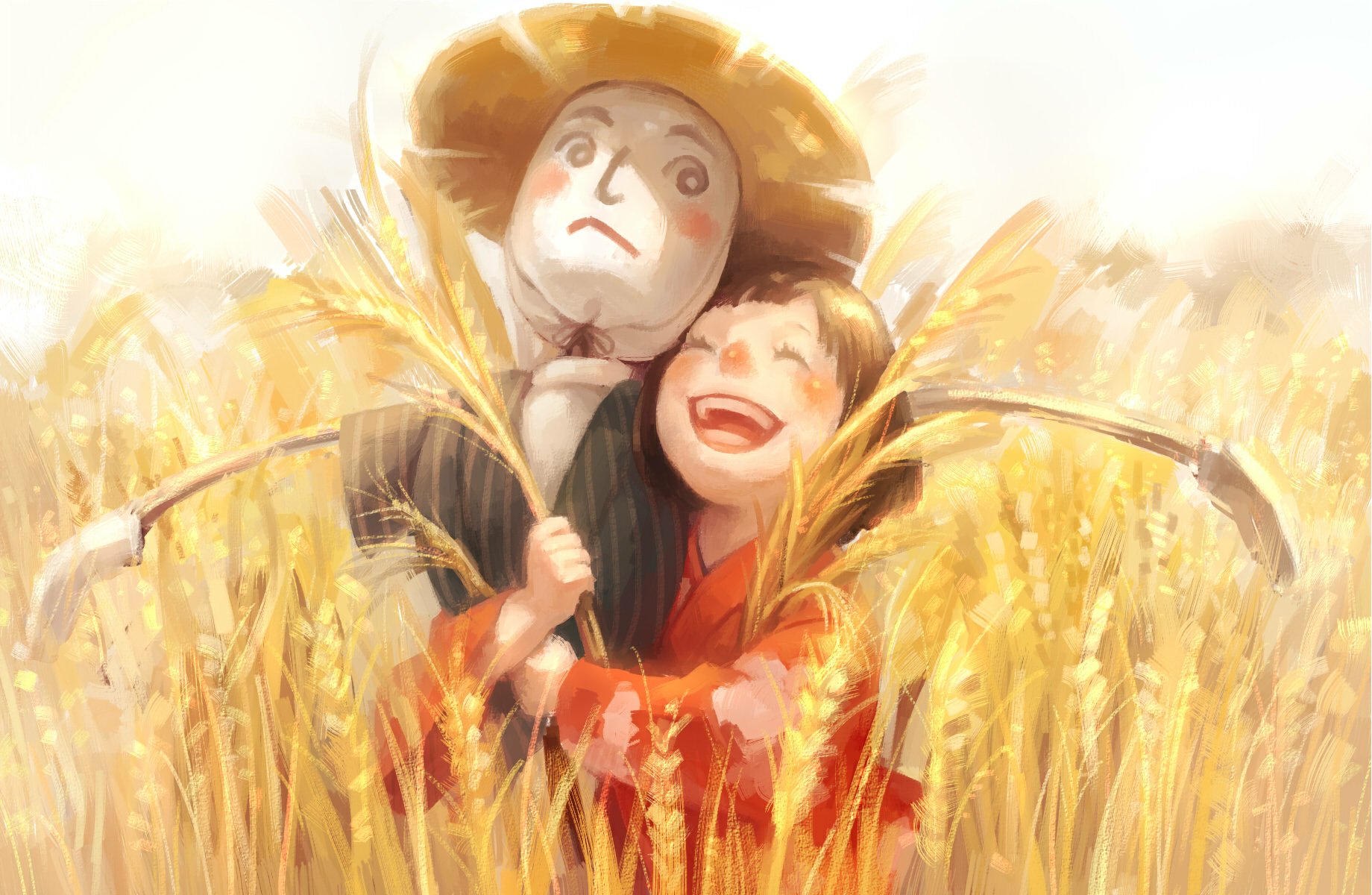 Anime-style original HD PC desktop wallpaper/background: a smiling girl embraces a straw scarecrow amid sunlit golden wheat, bathed in warm, glowing tones.