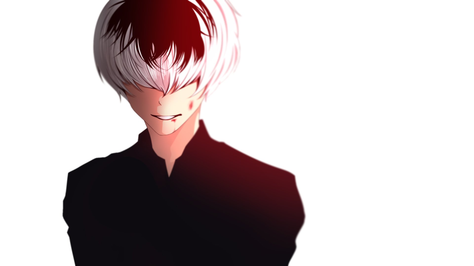 HD desktop wallpaper featuring Haise Sasaki from Tokyo Ghoul √A and Tokyo Ghoul:re. The anime character has a striking two-toned hair and a mysterious smile, set against a minimalist white background.