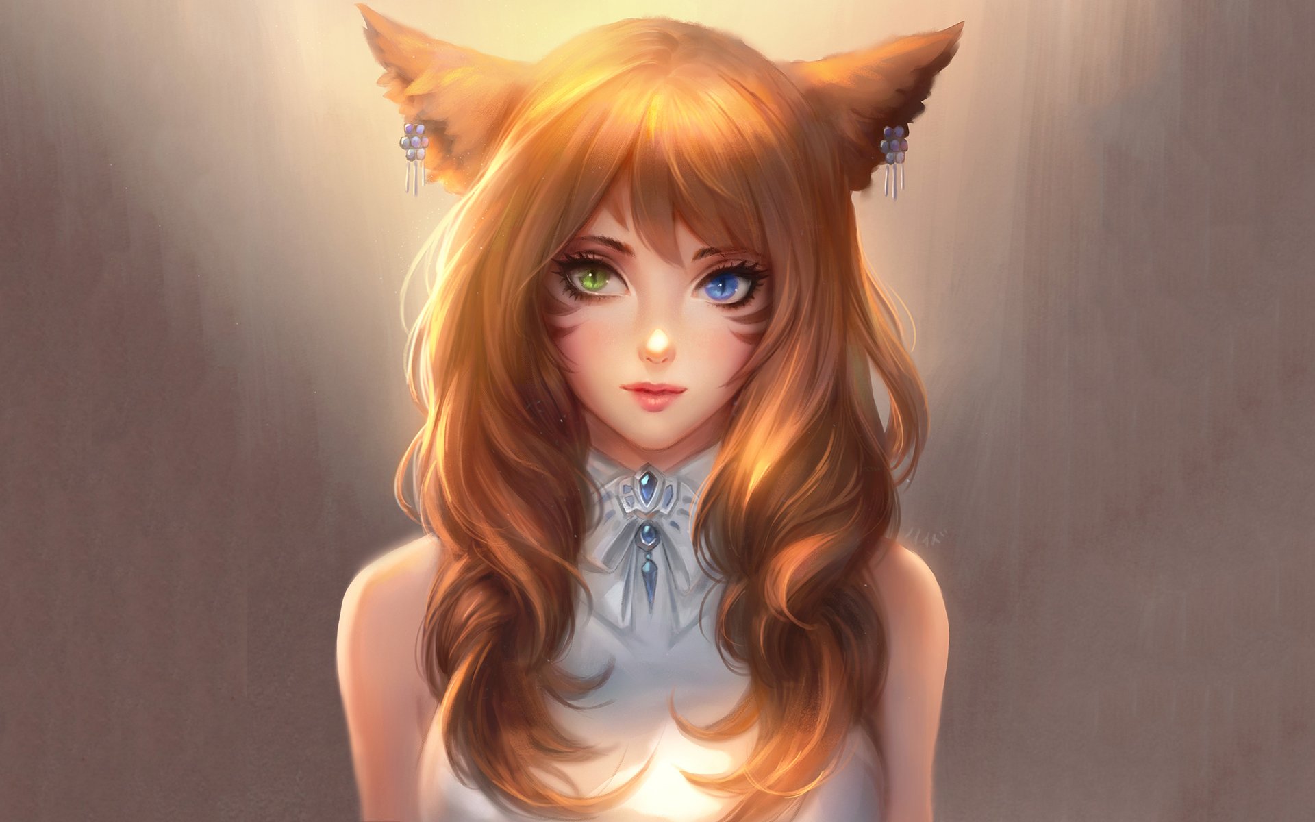 HD wallpaper of an original anime character with heterochromia, featuring cat ears, long brown hair, and a white outfit, set against a soft background.